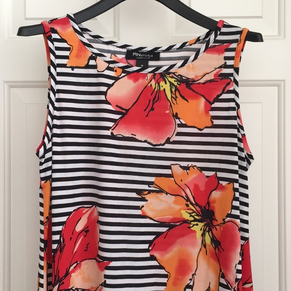 HP🔥 RN Studio Women’s Dress M Sleeveless Floral Bright Tropical Black Border - Picture 3 of 11